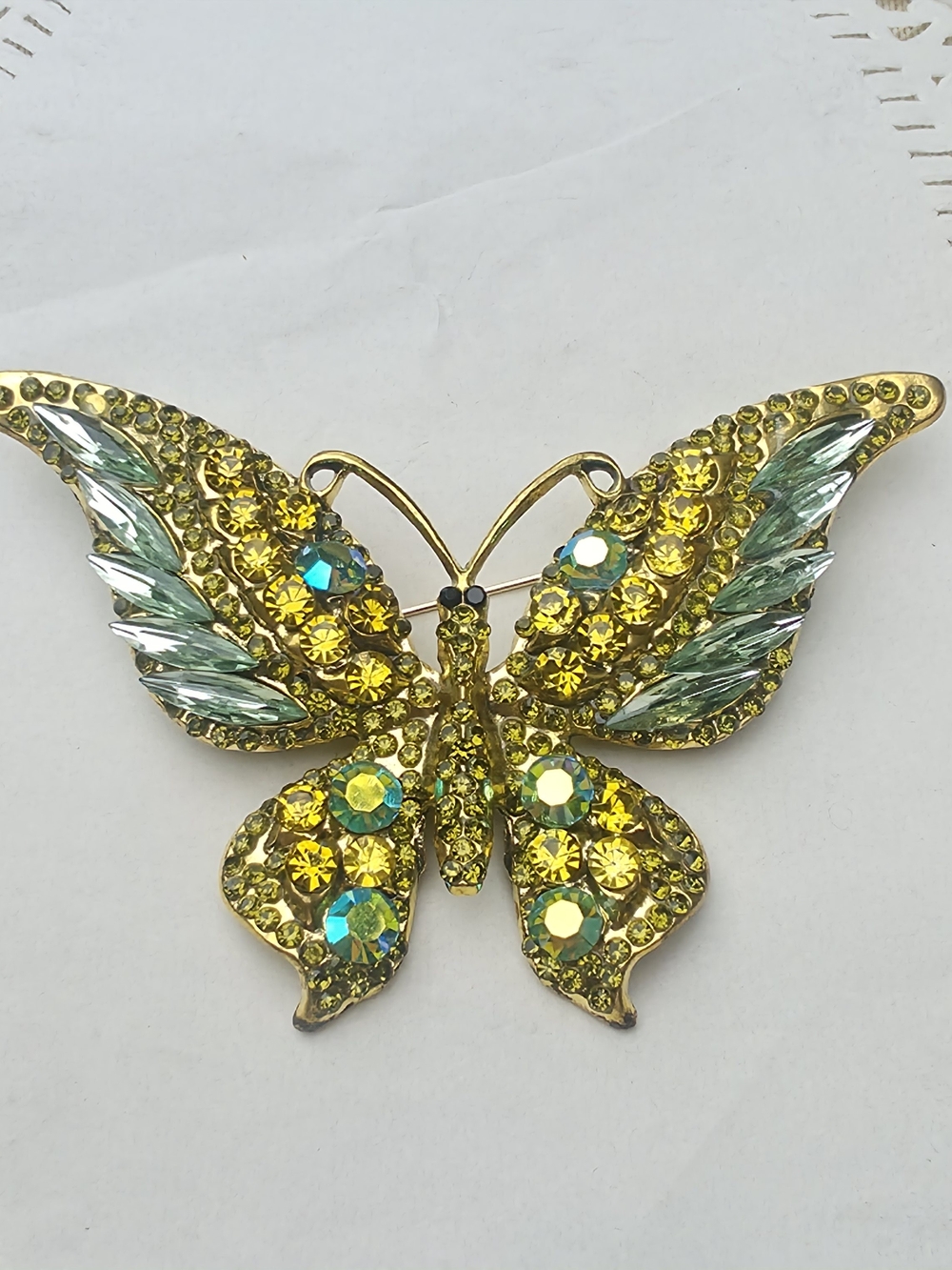 Big 3.5" Yellow and Aqua Crystal Rhinestone Butterfly Brooch Gold Tone